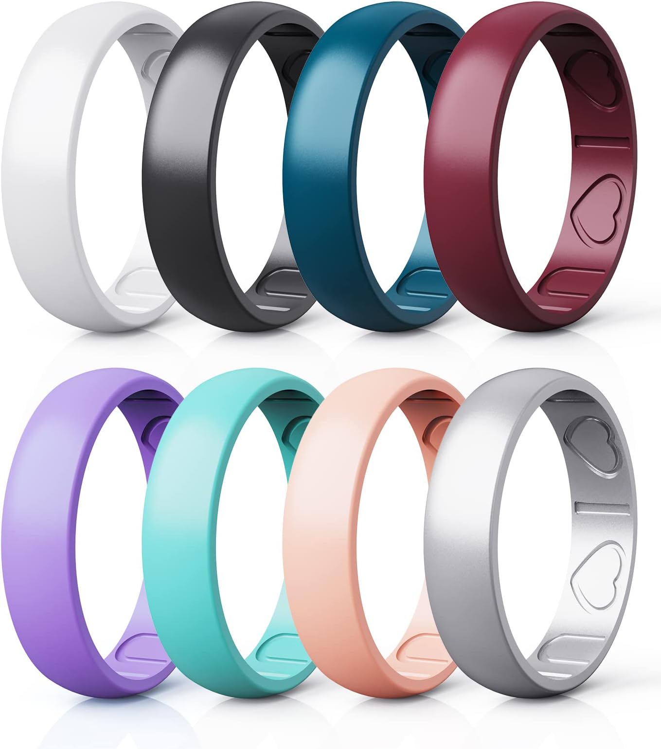 QinaocoSilicone Rings for Women - Heart [I Love U] Pattern Airflow Inner Grooves Breathable Rubber Wedding Ring Silicone Wedding Bands for Women - 8 Rings / 4 Rings