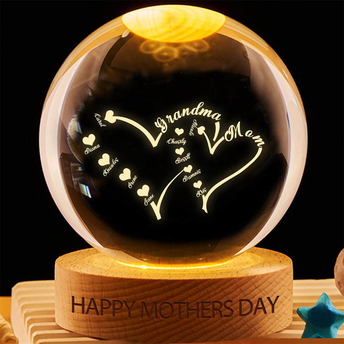 Wasetell Personalized First Mom Now Grandma Crystal Ball Lamp Custom Family Name Crystal LED Light Sign Heart Prints Glass Ball Night Light Birthday Home Decor Keepsake Gift for Mom Grandma Nana,02