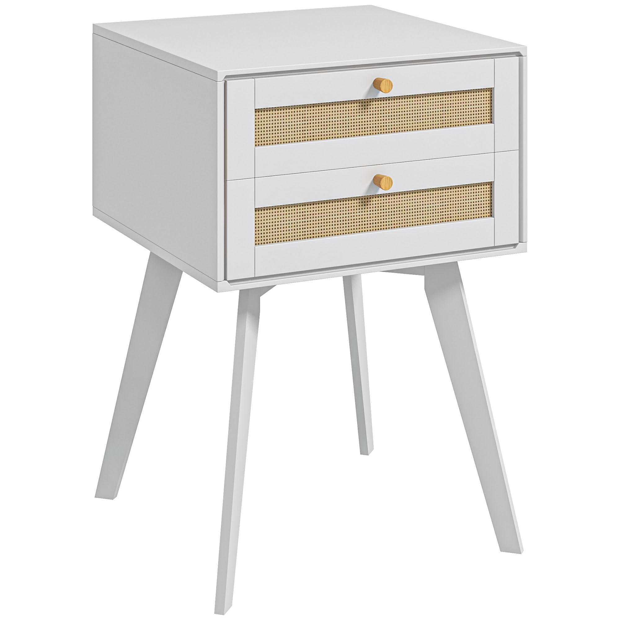 HOMCOM Mesita de Noche Blanca Mesilla de Noche Estilo Cannage con 2 Cajones y Elemento de Ratán Mesita Auxiliar Pequeña para Dormitorio Salón 40x40x60 cm