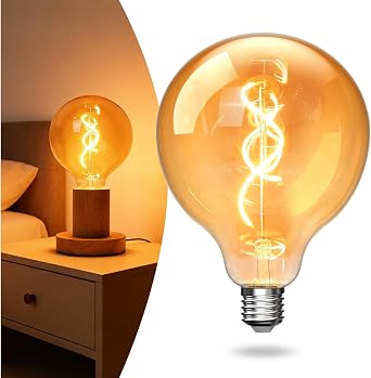 Bonlux 4W G125 LED Large Globe Light Bulbs Dimmable, Oversized Amber Glass E26 Edison Round Light Bulb 2000K Warm White, Vintage Filament Decorative Bulb 200LM for Pendant Bedside Lamp