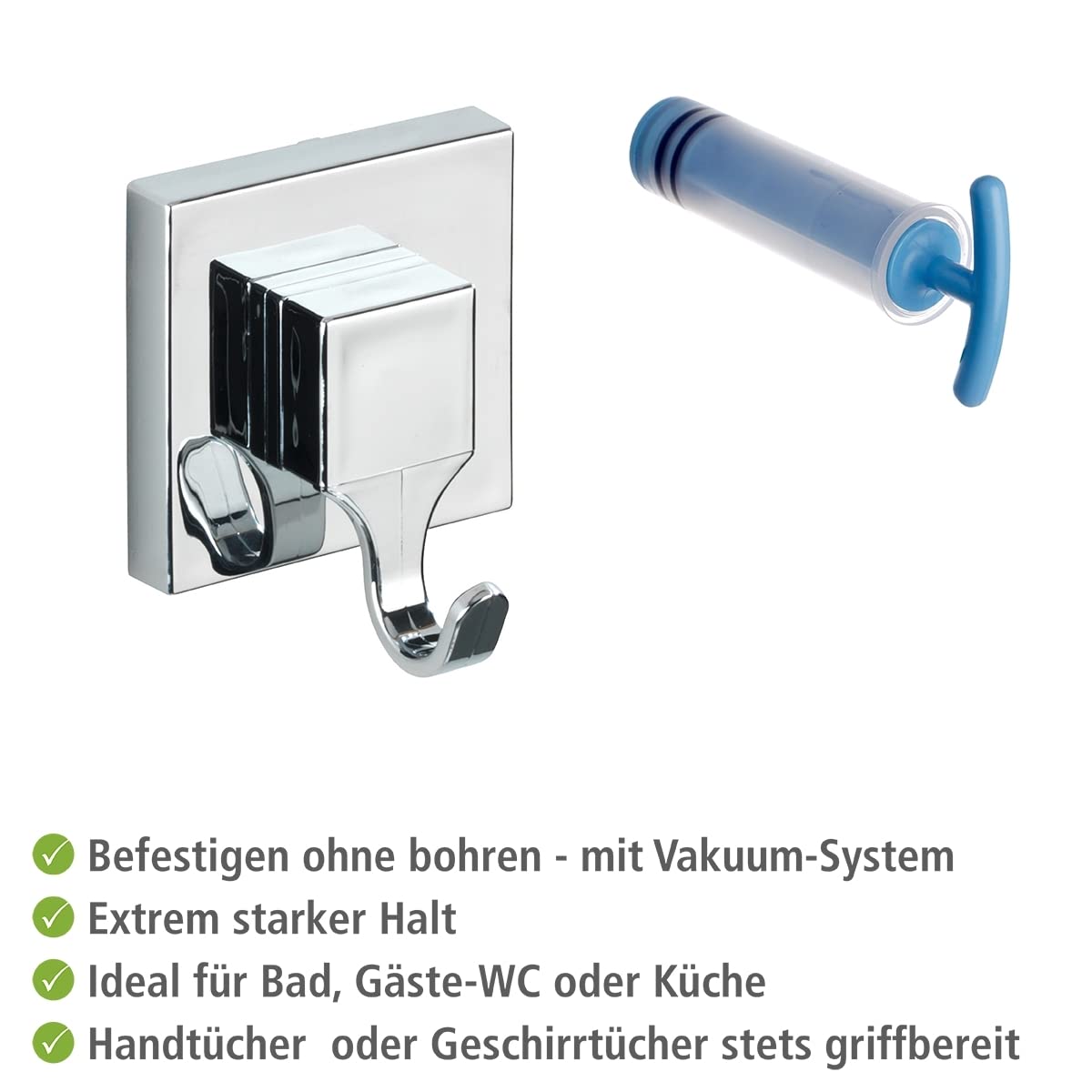 WENKO Vacuum-Loc® Wandhaken Quadro, 2er Set, Handtuchhaken für Badezimmer und Küche, Vakuum-Befestigung – ohne Bohren, Handtuchhalter aus Kunststoff, Maße je Haken: 6 x 7 x 5 cm
