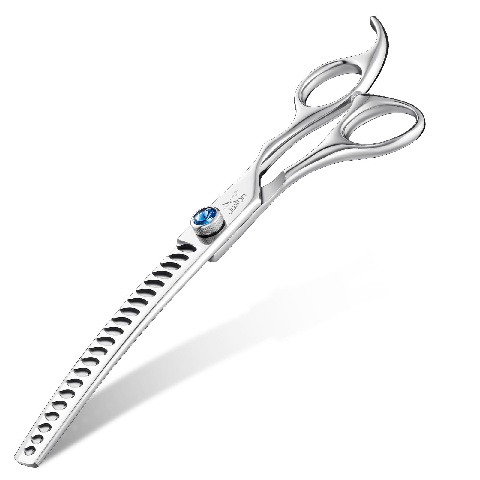 JASON 7" Curved Chunker Dog Scissors - Ergonomic Dog Grooming Scissors Silver Curved Dog Shears 440C Stainless Steel Grooming Shears Professional Pet Shears For Groomer (21-Teeth)