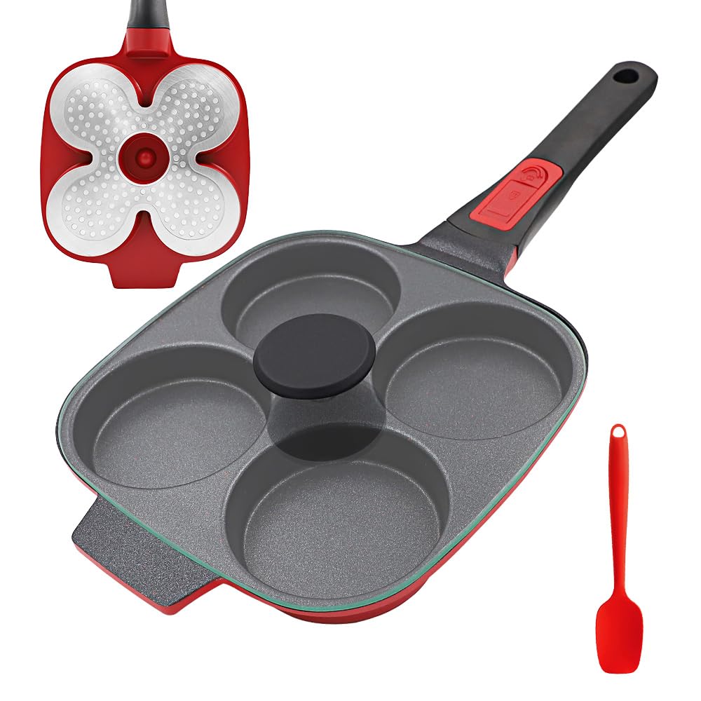 RANX INGST Poêle à Pancakes avec Couvercle Antiadhésive, Poêle à 4 Emplacements en Aluminium avec Poignée Amovible pour Tous Feux Dont Induction