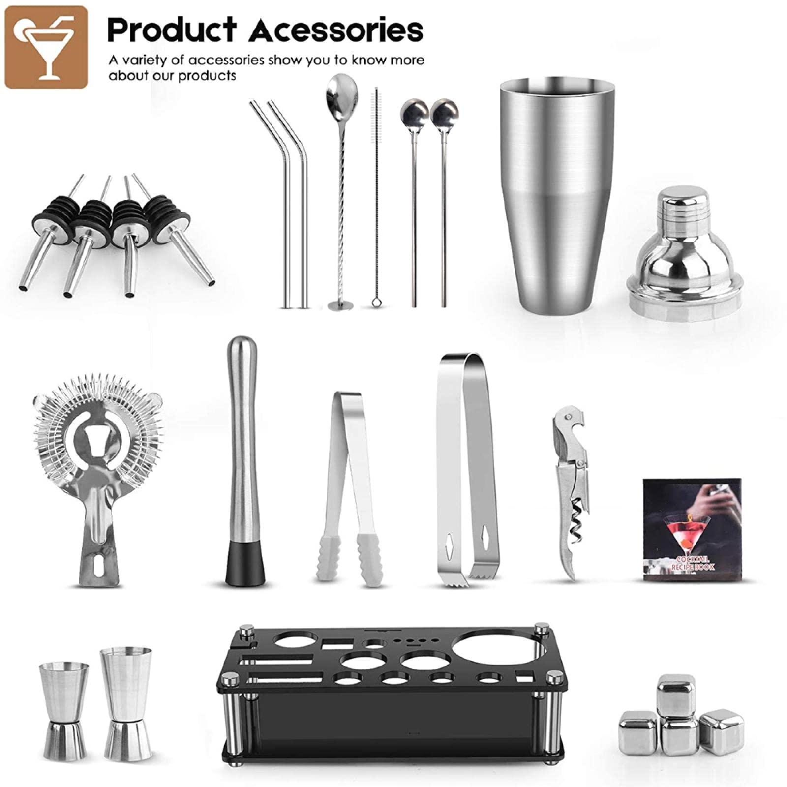 Bartender Set Bartender Kit Juego de coctelera de 16 Piezas de Acero Inoxidable Grano de Hielo Acrílico Soporte para Bebidas Mixtas Bar Herramientas 16-S- (16)