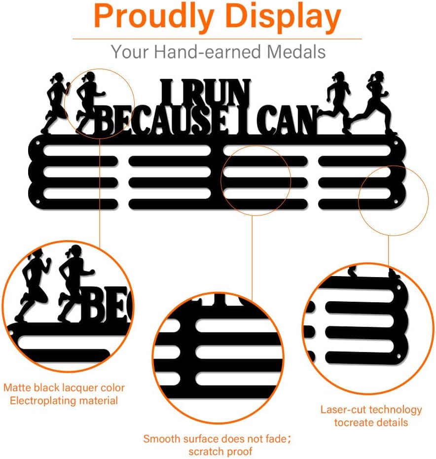 SUPERDANT Running Medal Holder Display I Run Because I Can Trophy Hanger Rack Motivational Text Sports Metal Wall Mount with No Hooks Hang Over 60 Medals Black Gifts for Kid