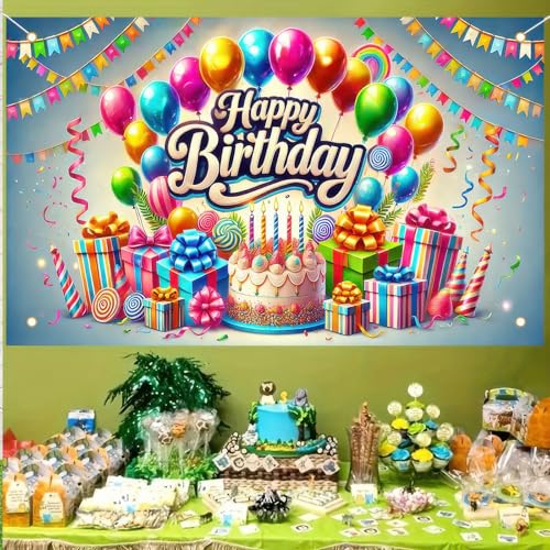 Image of BlissYard Happy Birthday Banner 71x43 Inch Rainbow Birthday Decorations | Party Backdrop Happy Birthday Sign for Backdrop Colorful Balloons and Gifts Design Party Banners