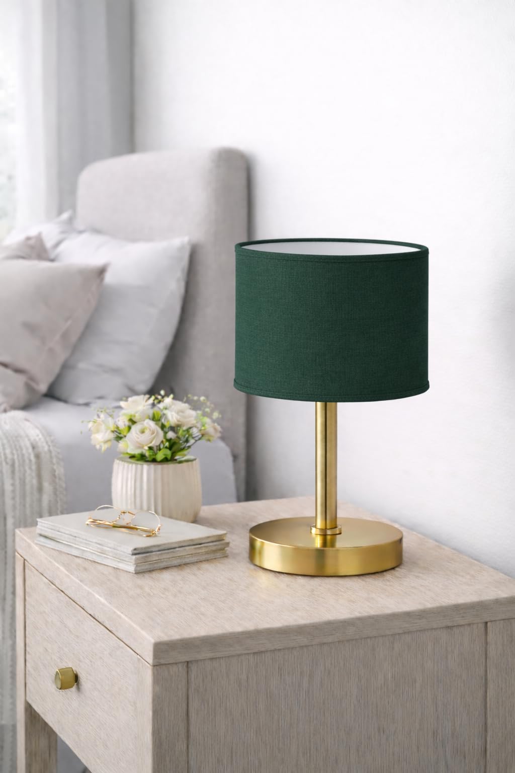 Abat-Jour Cylindrique Tissu en Coton Fait à la Main, pour Lampe de Table, Suspension, Lampadaire (Vert Foncé, Diamètre 25 cm x Hauteur 20 cm)