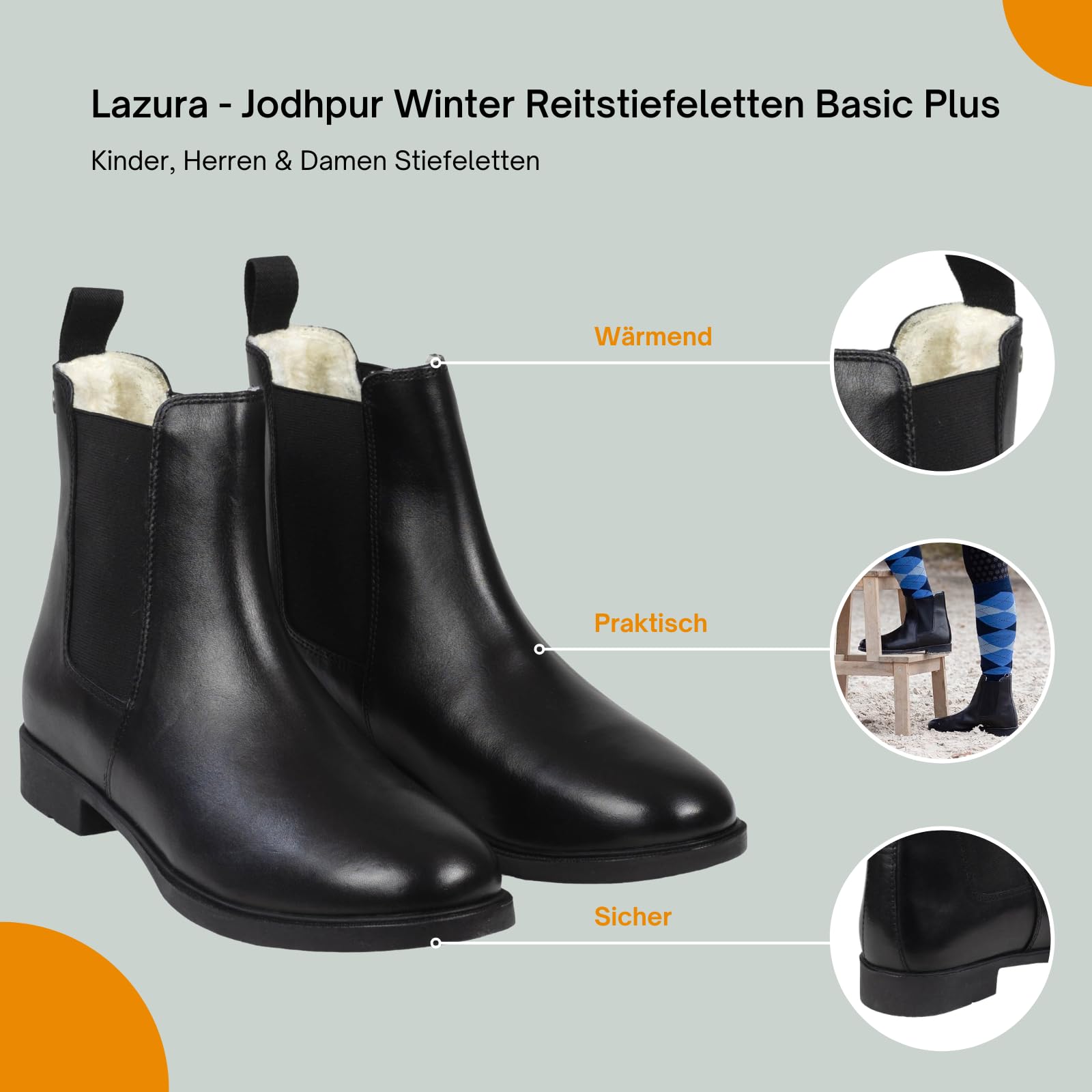 Lazura - Jodhpur Winter Reitstiefeletten Basic Plus | Kinder, Herren & Damen Stiefeletten | mit Fleece-Futter & Pull-On | schwarze Chelsea Boots aus Leder | Reitschuhe | Größe 28-43