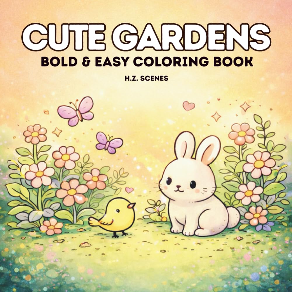 Cute Gardens: Bold & Easy Coloring Book for Adults and Teens Featuring Flowers, Plants, Cute Animals, and Relaxing Scenes