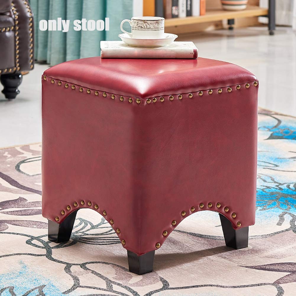 Tabouret en cuir bordeaux 35x35x38 cm, pouf repose-pieds étanche et banc à chaussures multifonction