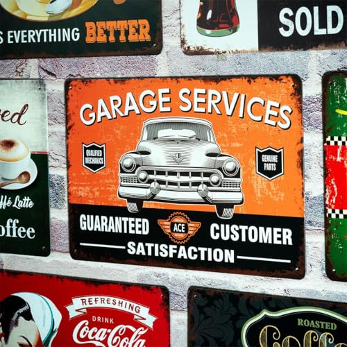 Image of Eazywagon Decorative Retro Metal Signs Wall Plate - 12x8 Inch (Garage Services) | Weatherproof Vintage Metal Sign Plate for Cafe, Home, Bar, Garage | Decorative Wall Hanging Sign Board