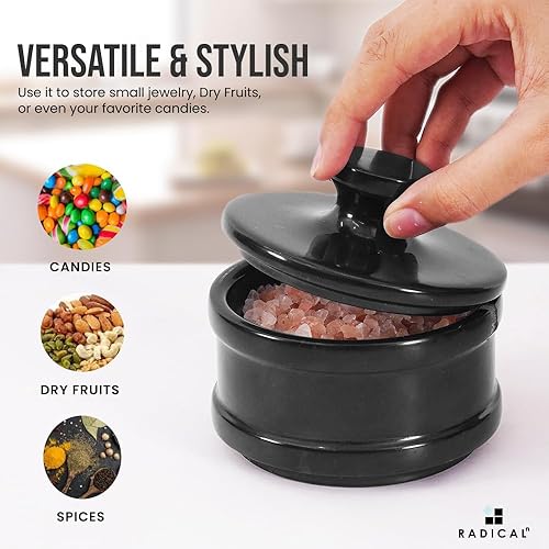 Miniatura 3 de Radicaln Bodega de sal de mármol con tapa y cuchara de 3.5 pulgadas hecha a mano, sal negra hecha a mano para almacenamiento de cocina, recipiente