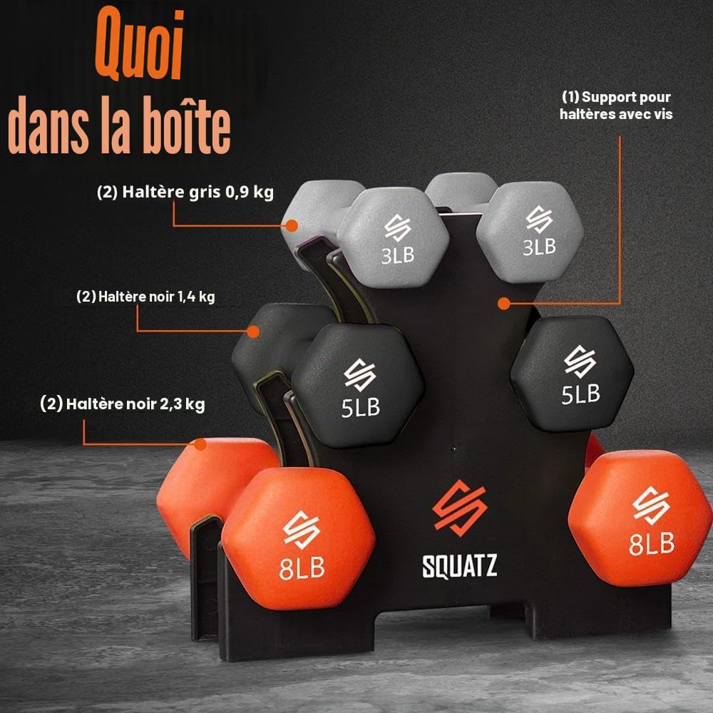 SQUATZ Haltères 14,5 kg avec Support en Néoprène Hexagonal – Antidérapant Musculation Fitness Maison Entraînement Complet