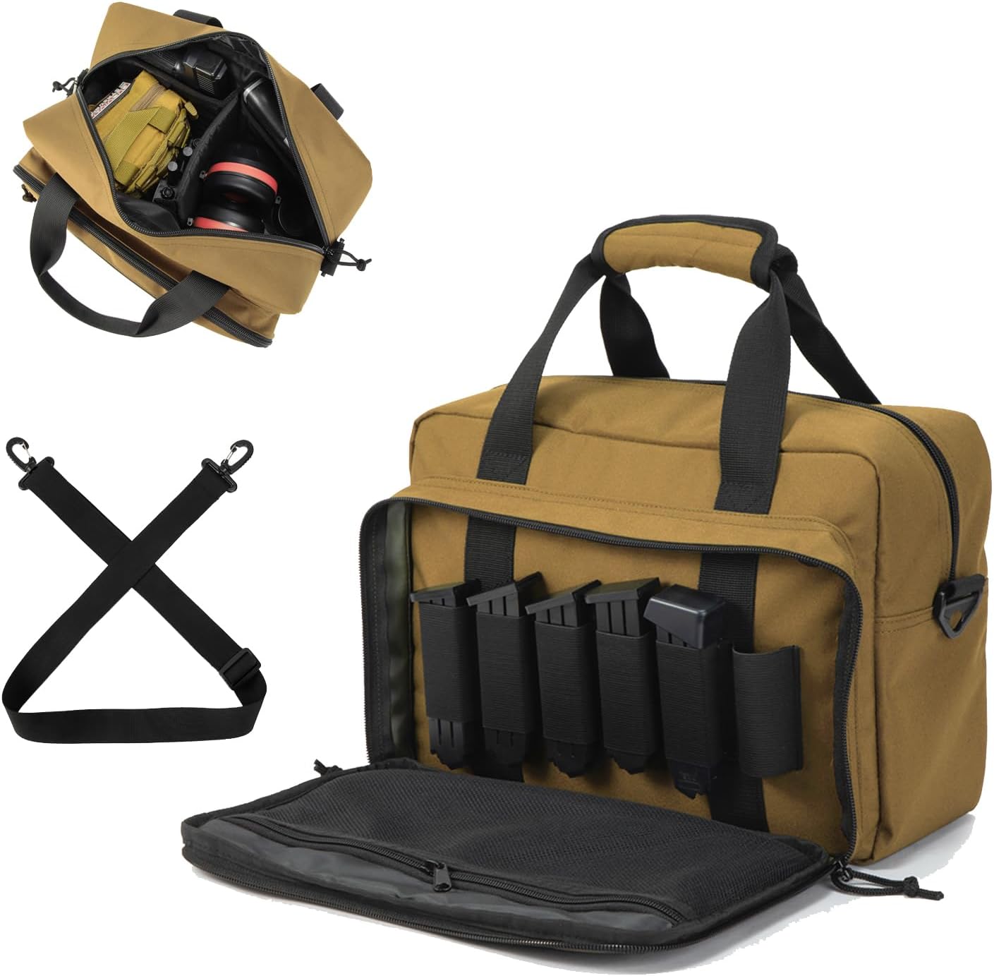 Small Range Bag For 2 Pistols Gun Range Bags For Handguns And Ammo Dual Pistol Handgun Revolver Hunting Bag Gun Carrying Case/Lockable Zippers (khaki)