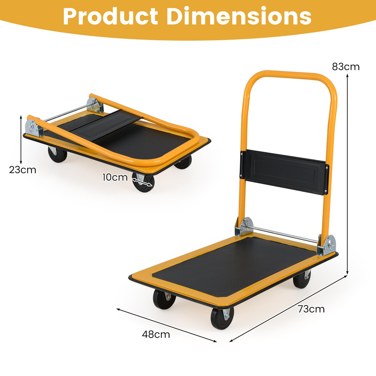 SOARS Carro de Plataforma, Carro Plegable con Rueda, Capacidad 150 KG, con Plataforma Antideslizante, 4 Ruedas, para Transporte, Manejo y Demenagement, 73 X 48 X 83 CM (Negro+Amarillo)