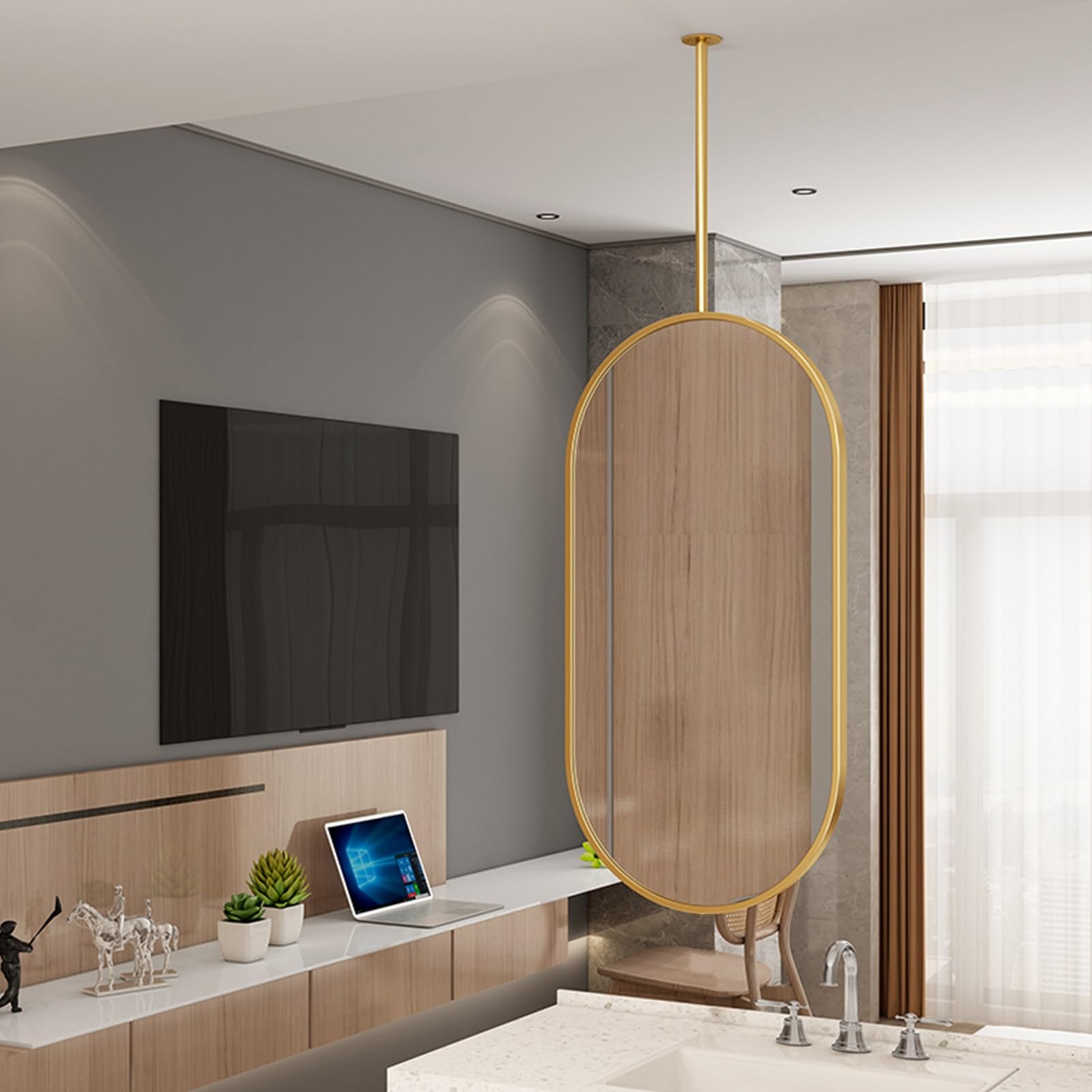 FGXHHS Simple Decorative Mirrors for Wall, Nordic Oval Hanging Pole Mirror on the Ceiling, HD Vanity Make-up Bedroom Bathroom Living Room Entryway - Boom can be Customizable(40cmx70cm)