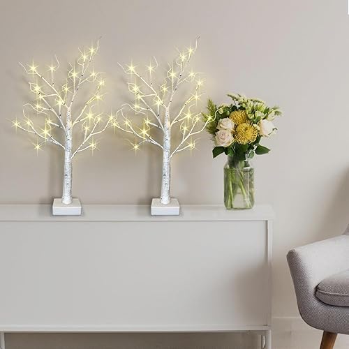 Miniatura 9 de Paquete de 2 decoraciones iluminadas de Navidad de Halloween para interiores, árbol de abedul de 2 pies con luces LED, pequeño árbol de Navidad de