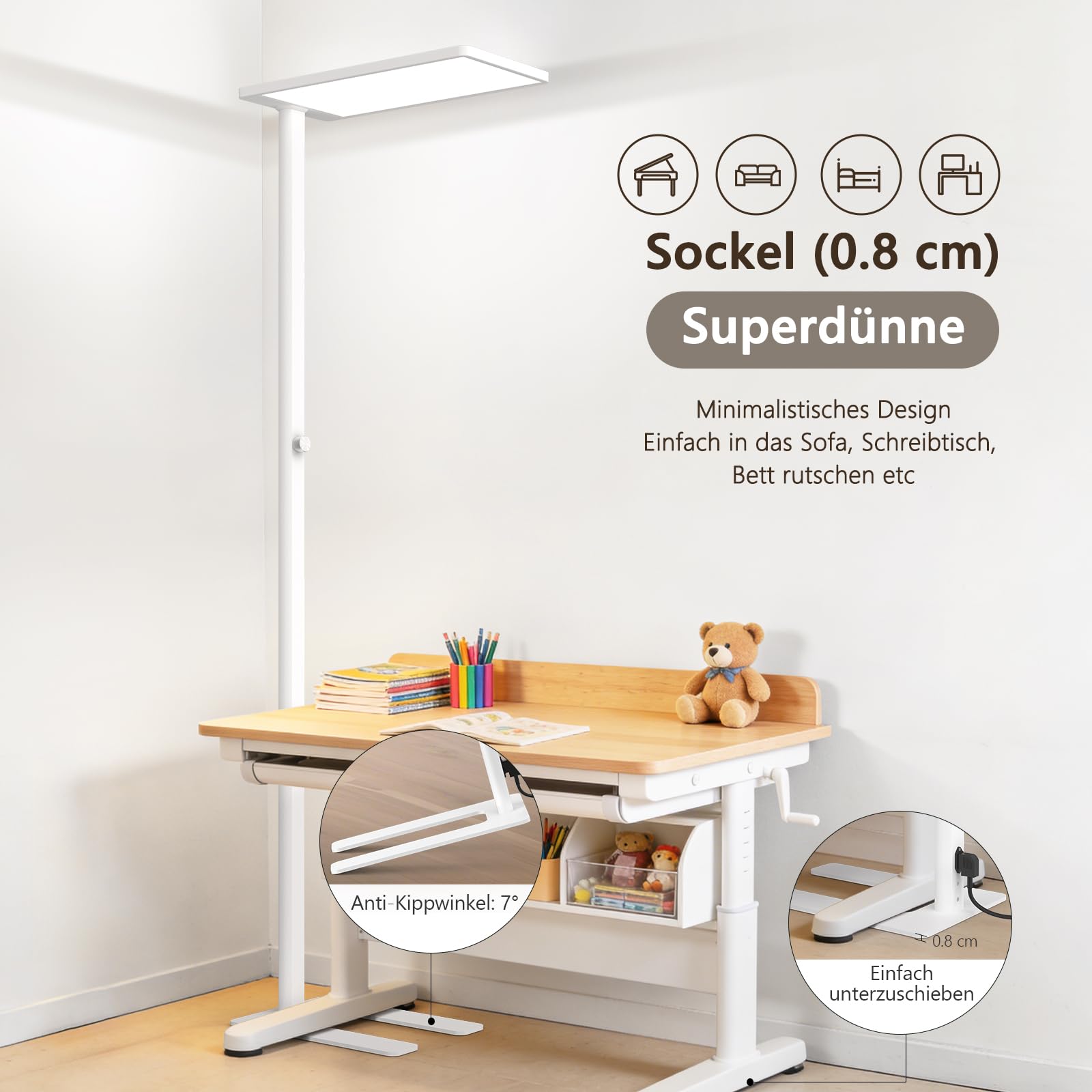 LES FLEURS 100W LED Stehlampe,9000lm Vollspektrum Augenpflege Leselampe, 195cm Stehlampe Dimmbar mit 4000K natürlichem Tageslicht, Stehlampe Wohnzimmer, Stehleuchte für Schlafzimmer, Studien und Büro