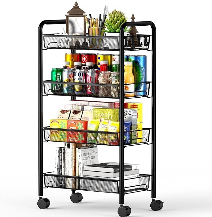 HYGRAD BUILT TO SURVIVE 4 & 5 Tier Rolling Kitchen Cart with Removable Baskets & Hooks For Kitchen Utensils, Sturdy Design on Wheels (4 Tier)