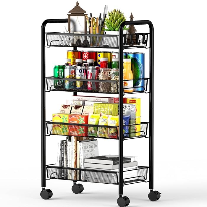 HYGRAD BUILT TO SURVIVE 4 & 5 Tier Rolling Kitchen Cart with Removable Baskets & Hooks For Kitchen Utensils, Sturdy Design on Wheels (4 Tier)