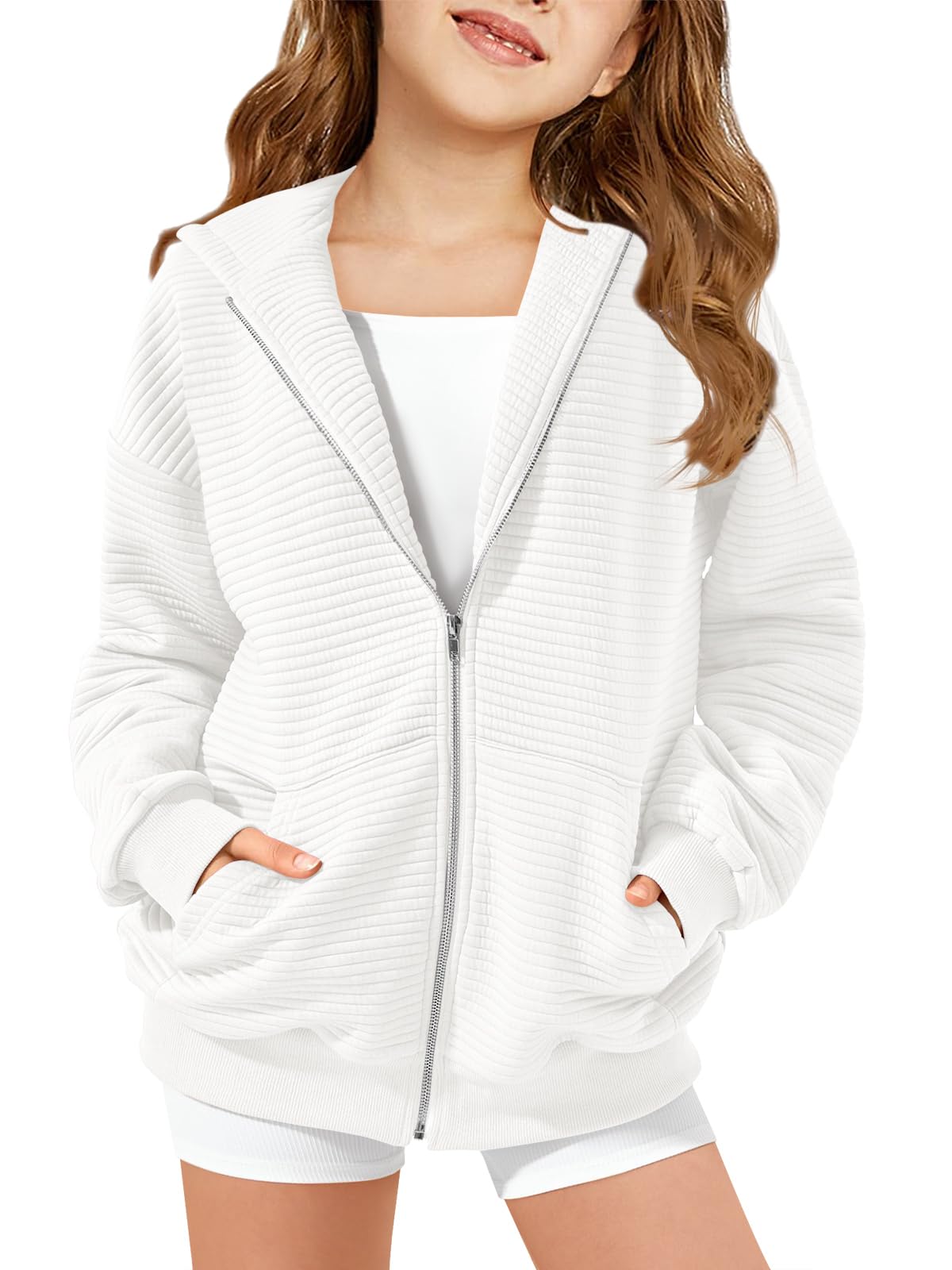 Haloumoning Felpa oversize con cappuccio e zip per bambine 5-14 anni | Tessuto testurizzato, giacca a maniche lunghe con cappuccio, vestibilità ampia, casual, con tasche