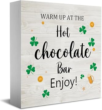 HTBIG St Patricks Day Decor Warm up At Ehe Hot Chocolate Bar Enjoy Coffee Bar Wooden Block Sign Kitchen Decorations for office Room Desk Board Shelf Table Hot Chocolate Sign Decor 5 x 5 Inches