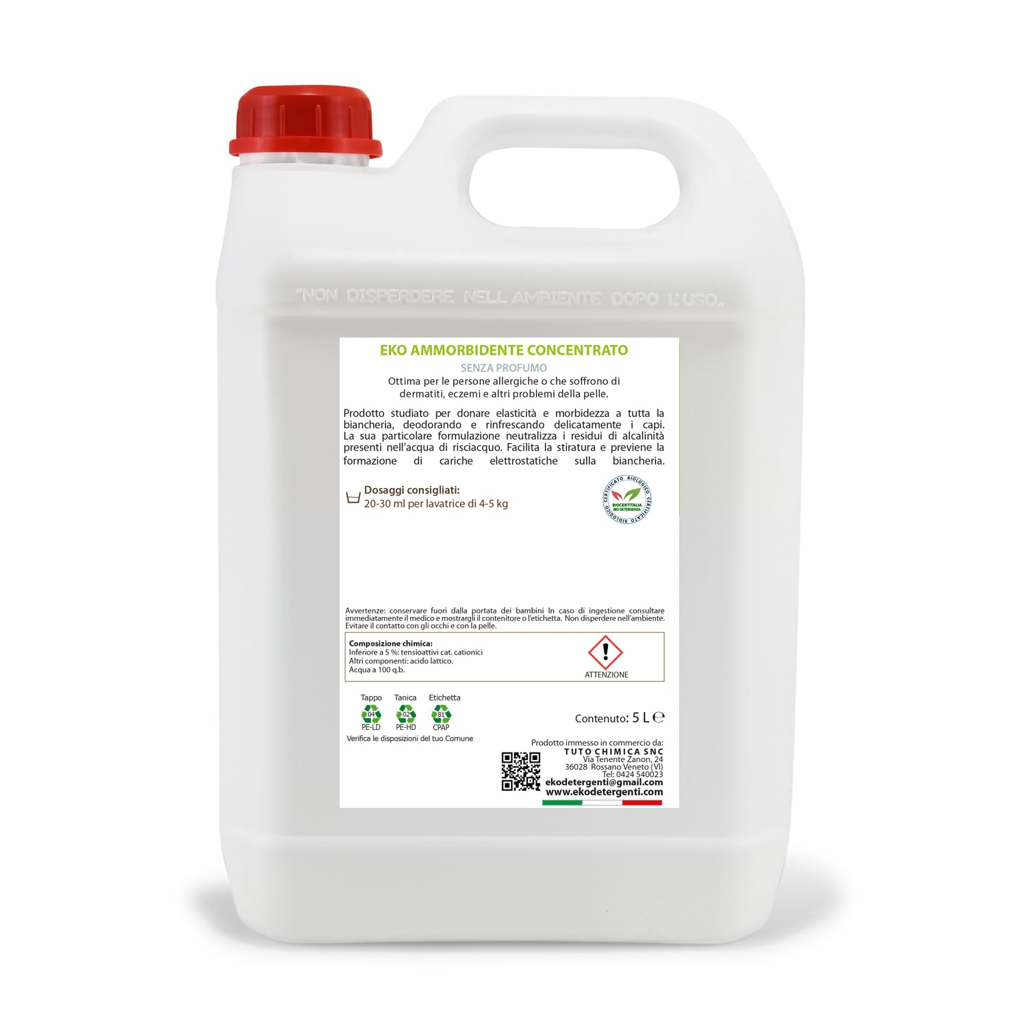 EKO Ammorbidente Lavatrice Ecologico IPOALLERGENICO senza profumo 5L - 250 lavaggi