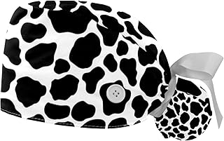 DHH166 2 Packs Working Cap with Buttons Sweatband Adjustable Hats Surgical Caps for Women, Cow Print Printed