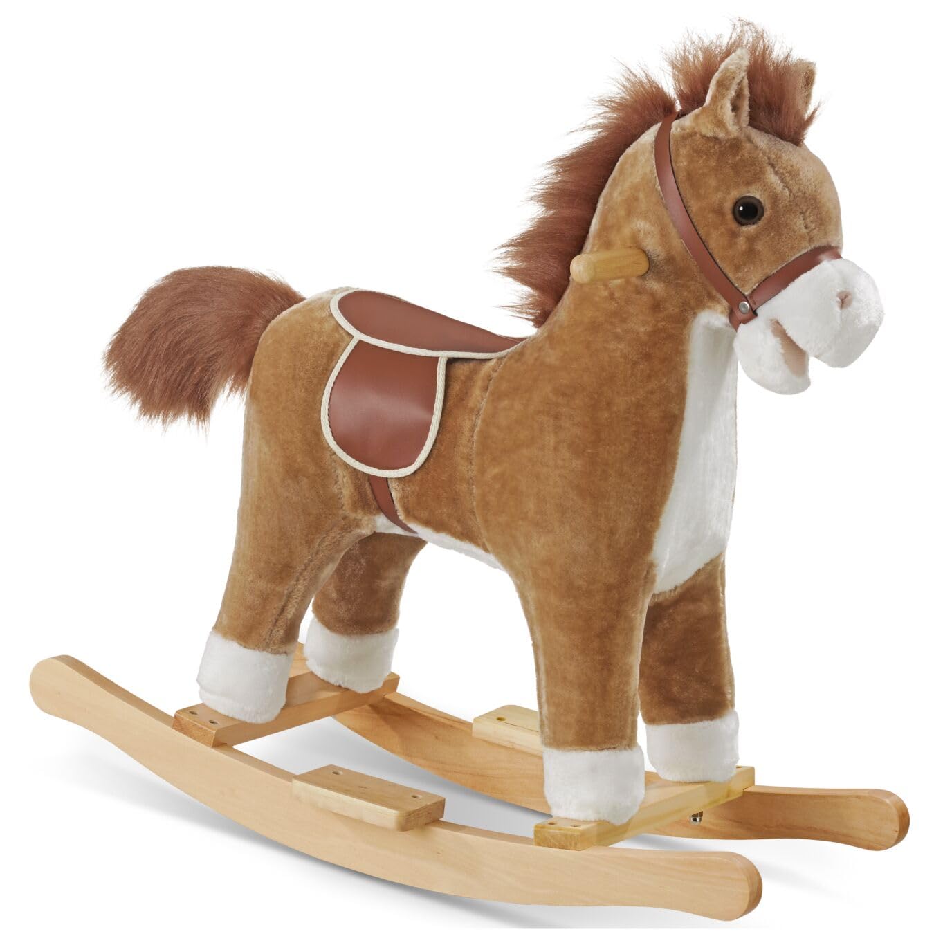 tectake® Cavallo a Dondolo per Bambini dai 24 Mesi, Cavalluccio Marrone Dondolo Neonati in Peluche Morbido, Struttura in Acciaio, Cintura di Sicurezza, con Suoni, Maniglie Poggiapiedi in Legno