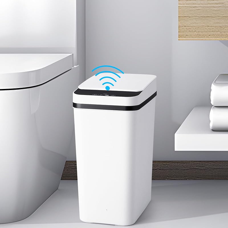 Anborry Bathroom Trash Cans with Lid Touchless Automatic Motion Sensor 4 Gallon Small Garbage Can, Smart Electric Plastic Narrow Garbage Bin for Living Room Bedroom Office Kitchen (White)