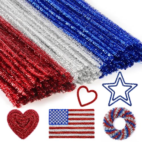 Image of Caydo 200 PCS Independence Day Pipe Cleaners for Patriotic Party Decoration, Red Royal Blue Silver Glitter Chenille Stems Bulk for 4th of July DIY Arts Crafts & Home Decorations