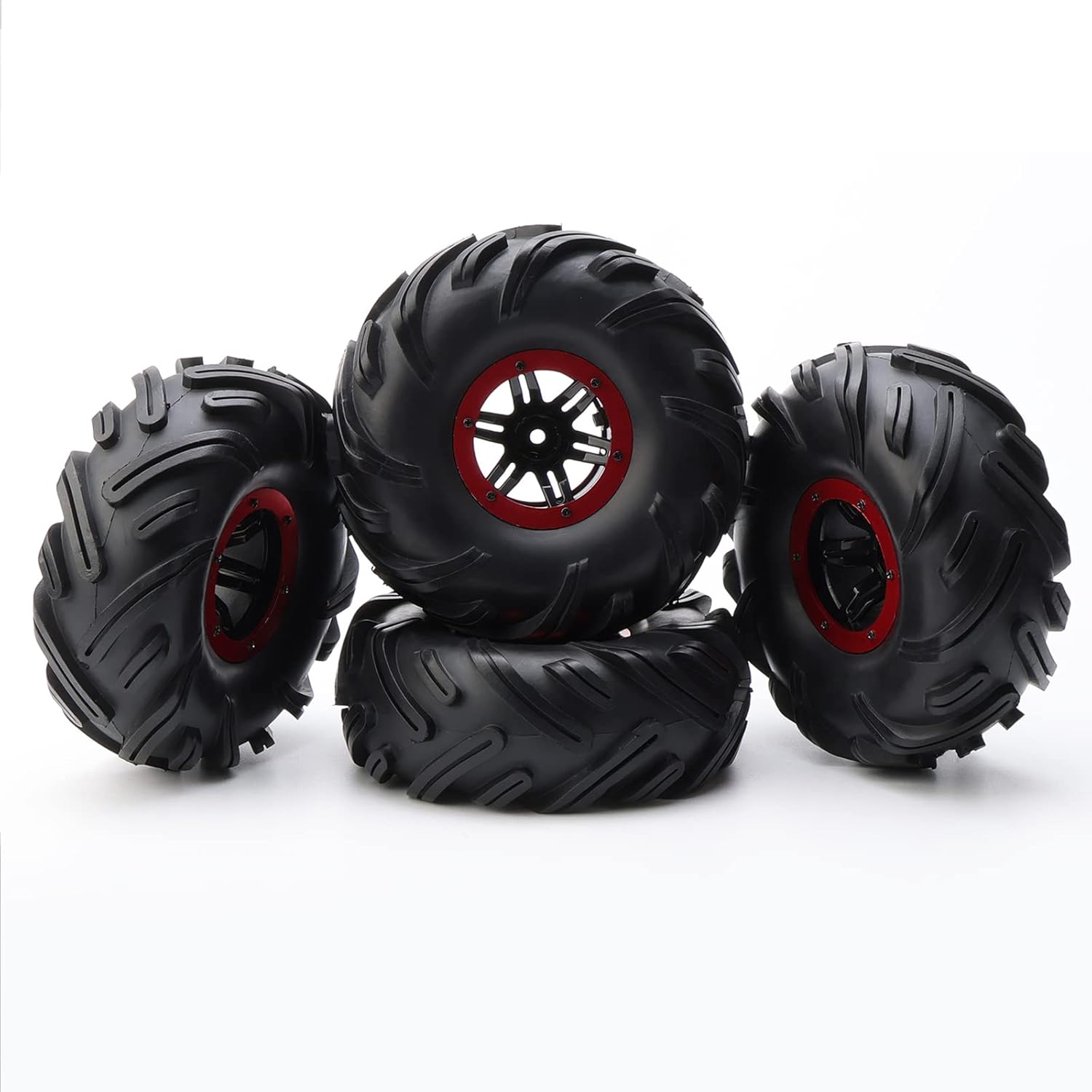 4pcs RC 2.2 Inch Crawler Tires Inflatable OD 140mm Mud Badland Tractor Tread Tyres and 12mm Wheel Rims Lock Nuts for 1:10 Monster Truck Crawling Car Traxxas Maxx Axial RC4WD, Red
