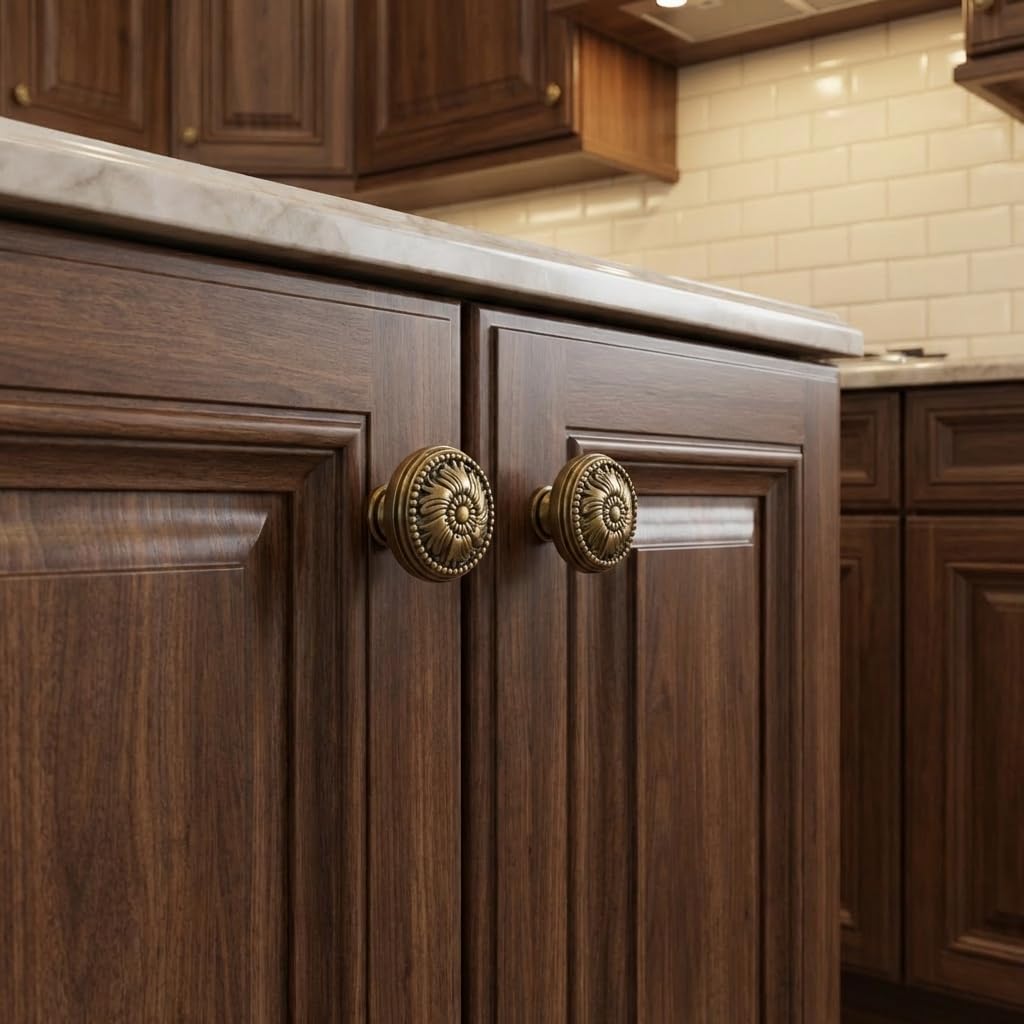 Antique Brass Cabinet Knobs 6PCS, Vintage Drawer Knobs Flower Carved, Classic Decorative Hardware for Rustic Dresser, Vanity, Nightstands, Kitchen, Old Furniture Refinishing
