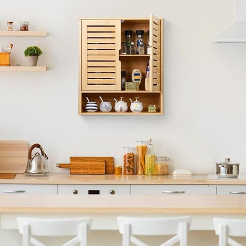 Miniatura 4 de HYNAWIN Botiquín de pared para baño, organizador de almacenamiento de bambú flotante sobre el inodoro con estante ajustable, ahorro de espacio para