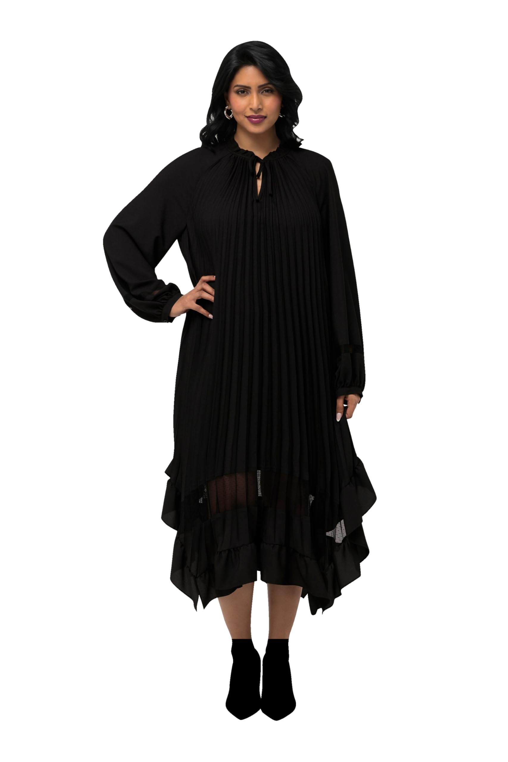 Ulla Popken Damen große Größen Übergrößen Plus Size Plissee-Kleid, Spitze, A-Linie, Rüschenkragen, Langarm 830954