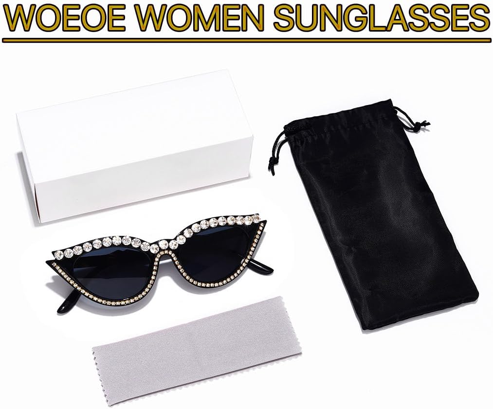 Woeoe Cat Eye Sunglasses for Women Black Rhinestone Bling UV400 Protection Sun Glasses for Summer Beach Party - Image 6