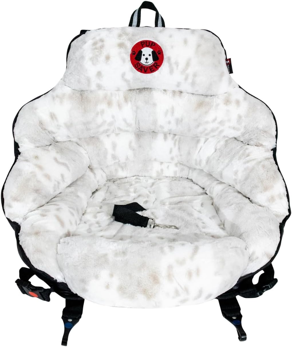 PupSaver Dog Car Seats for Small and Medium Dogs | Crash-Tested Dog Bed for Cars | Compatible with Seat Belt Harness | Ideal for Dogs Up to 30lbs | Soft and Safe (Snow Leopard)