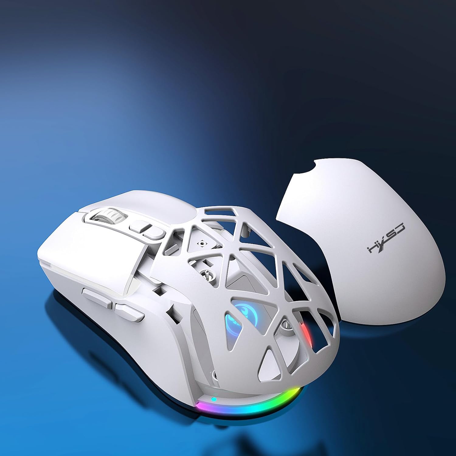 Bottom view of the HXSJ T26 wireless mouse showing the power switch, mode selector (2.4GHz/Bluetooth), optical sensor, and USB receiver storage slot.