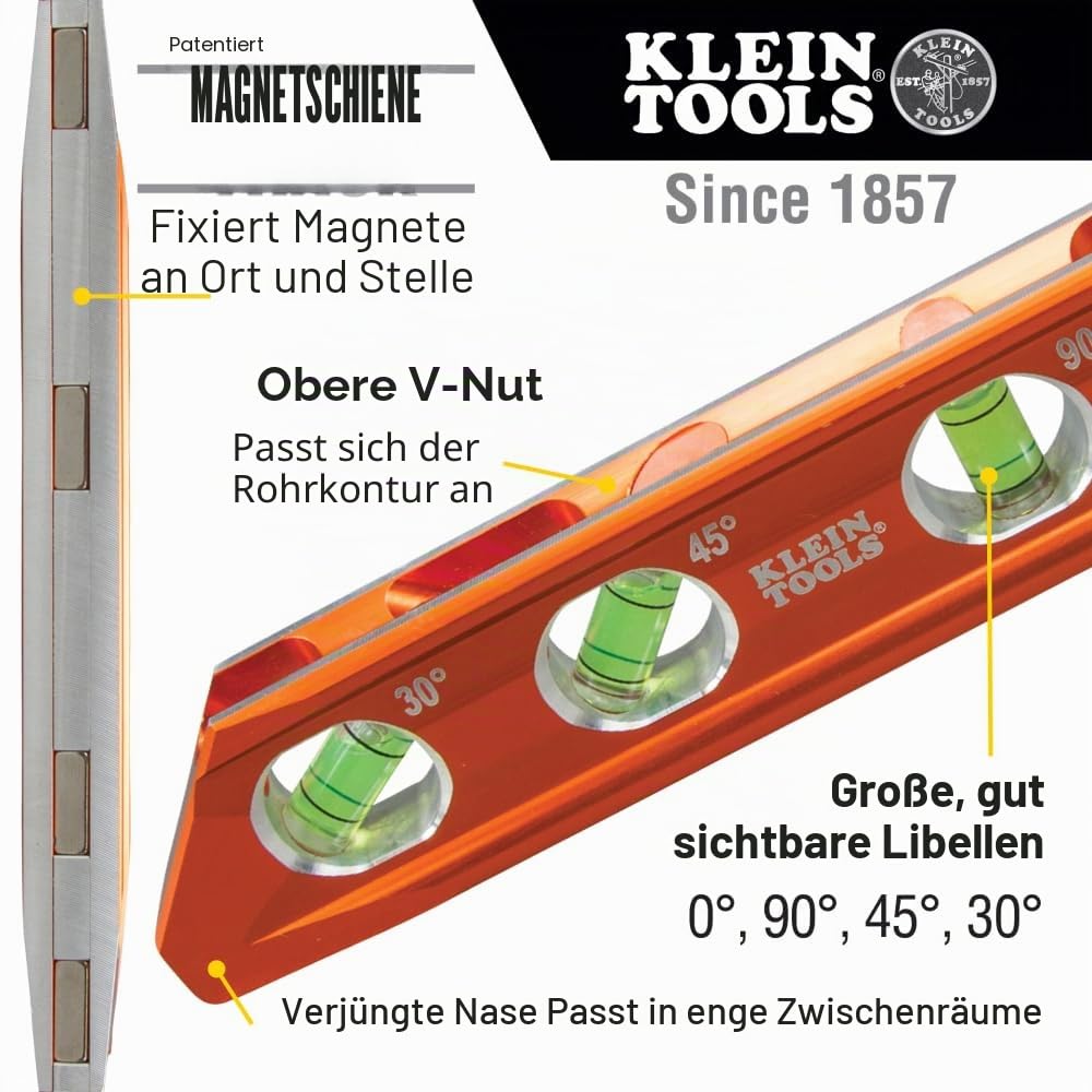 Torpedo Wasserwaage, magnetisch, 4 Libellen für Rohrbiegen & mehr, mit V-Nut & Magnetschiene Klein Tools 935AB4V