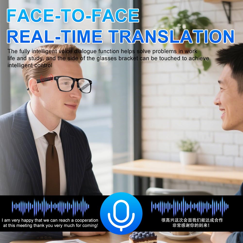 Lunettes intelligentes, AI Bluetooth, lunettes de traduction AI 144 langues, prise en charge des appels audio Bluetooth 5.4, dialogue, écoute de chansons, lentille de protection UV