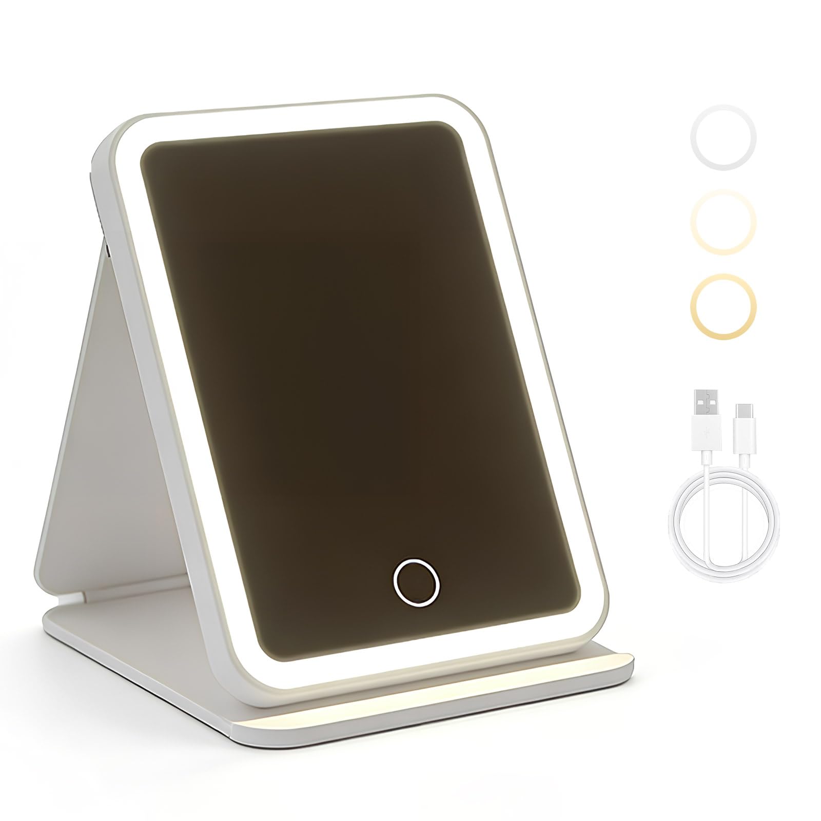 Foldable Travel Makeup Mirror with Lights, Rechargeable LED Vanity Mirror with 3 Colour Dimmable Lighting and Touch Control, Portable Light up Mirror for Home, Desk, Hotel and Travel, 11 x 16.5cm