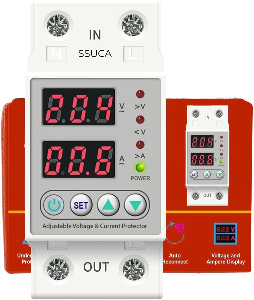 63A Single Phase Voltage Protector 240V, Auto-Reconnect & Adjustable Led Indicator for Over/Under Voltage, Short Circuit Protection, Over Current - Overload Protection