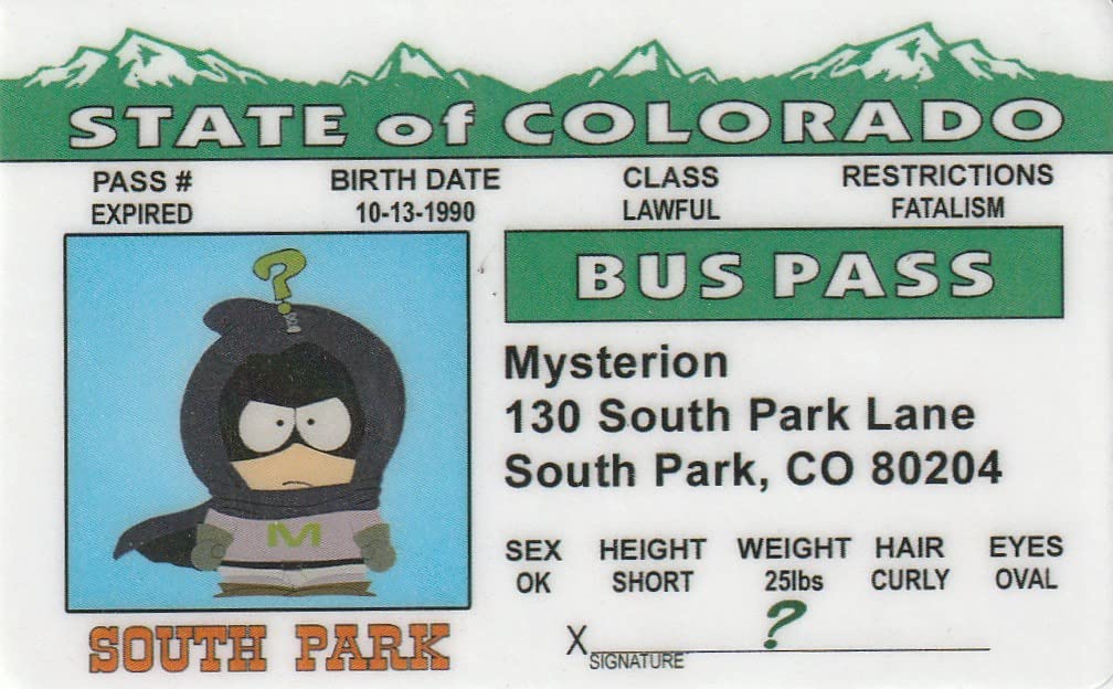 Signs 4 Fun Parody ID | South Park – Mysterion Buss Pass | Fake ID Novelty Card | Collectible Trading Card | Novelty Gift for Holidays | Made in The USA