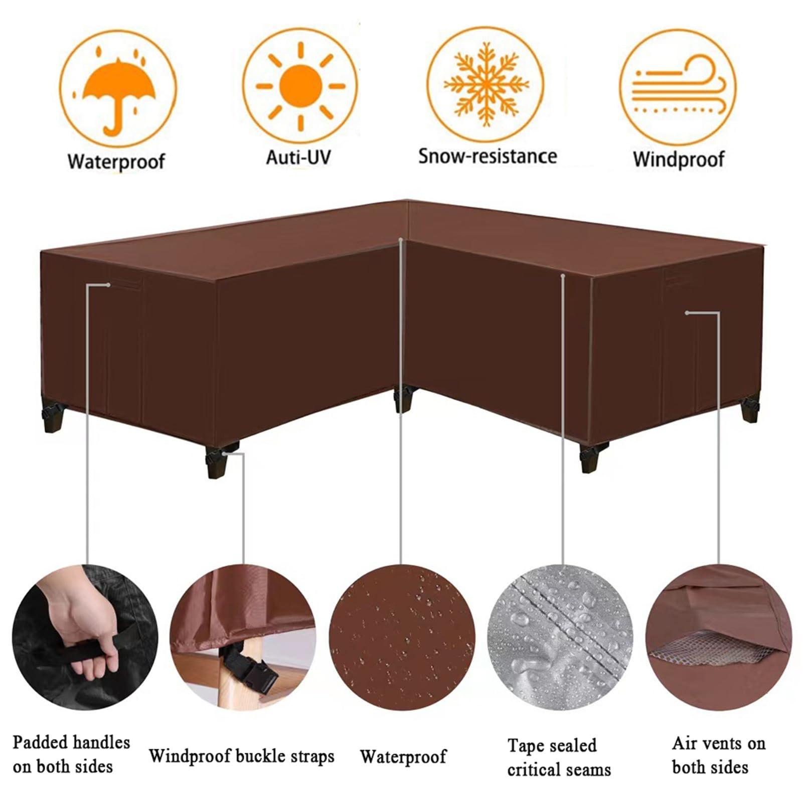 Coperture per Divano Angolare da Giardino, Copridivano Angolare Esterno Impermeabile Copertura Protettiva, per Forma di L Mobili da Giardino A Forma di V (260x192x82cm,caffè)