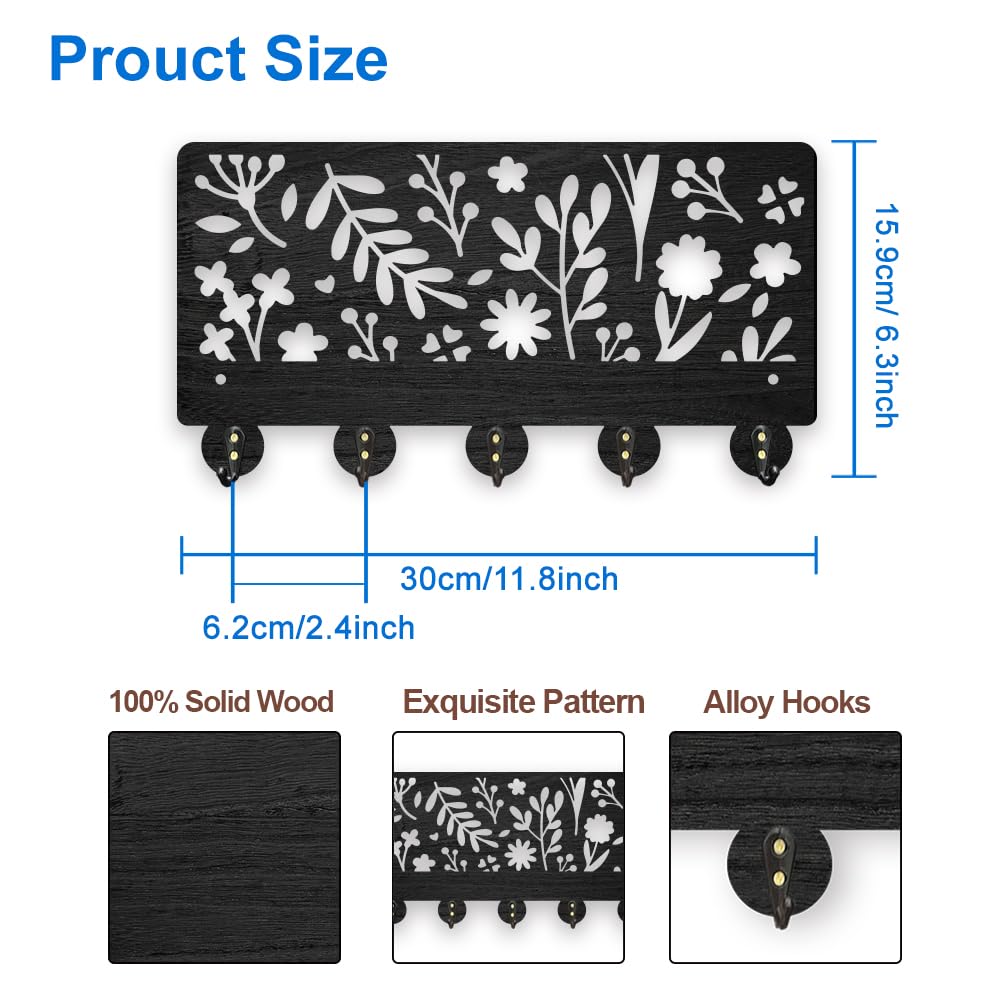 MAYJOYDIY Ganchos de madera para colgar en la pared, 30 x 15,9 cm, con diseño de plantas naturales, 5 ganchos de aleación, para regalo, sala de estar, oficina, entrada, pasillo