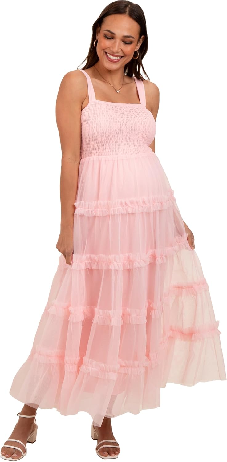 PinkBlush Light Smocked Ruffle Tiered Tulle Maternity Midi Dress