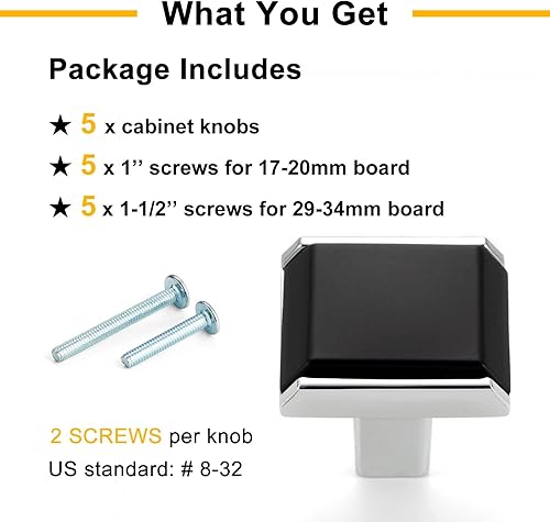 Miniatura 6 de Pomos de gabinete negros y cromados, color negro mate y cromo pulido, paquete de 5 tiradores cuadrados de 1-14 pulgadas, 2281 tiradores cuadrados de