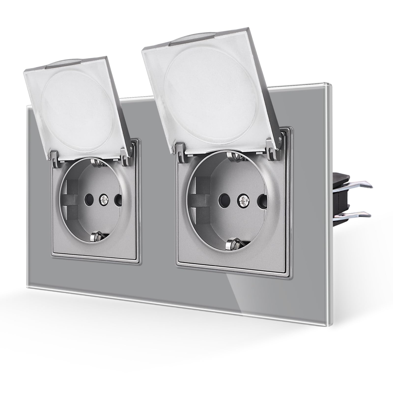 JIMEIDA Doppelsteckdose Glas Grau Mit Wasserdichter Abdeckung Mit Haken 16 Amp Steckdose Gehärteter Glasscheibe Wandsteckdose 157 * 86mm