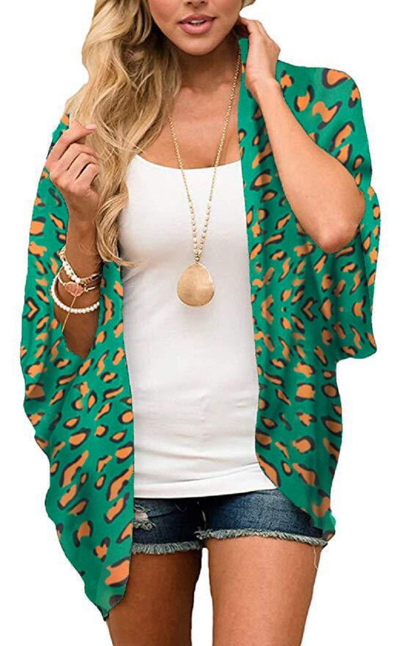 CHICGAL Mujeres Kimono Cardigans Leopardo Estampado Tops Chifón Camisas Verano Suelto Casual Playa Cubre - Verde - 3X-Large