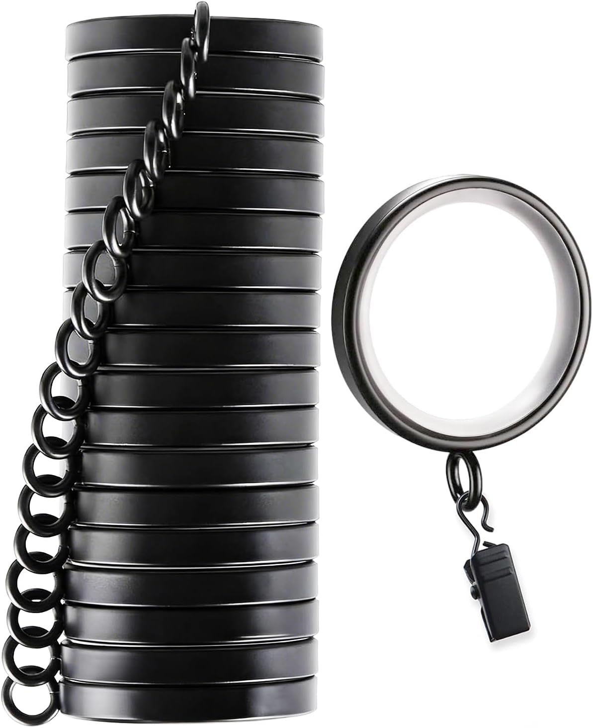Quiet Curtain Rings with Clips,18 Pack Curtain Rings with Easy Glide Nylon Inserts, 1-5/8 Inch Inner Diameter Fits Standard 1" to 1-1/4" Curtain Rods, Black
